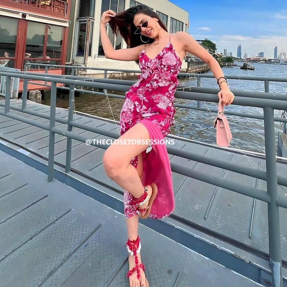 Zara NWT Pink Floral Strappy V Neck Side Slit Midi Slip Dress L XL - Picture 13 of 16